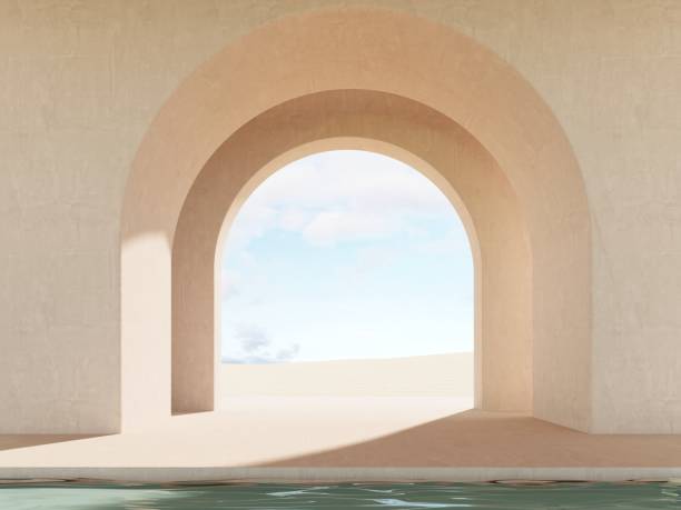 istock Modern minimalistic interior with a view of the sand dunes - 3d render. Simple background with a podium, showcase  for advertising and presentations. Aesthetic architecture of the building space. 2170928494
