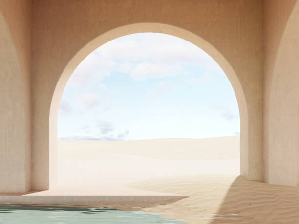 istock Modern minimalistic interior with a view of the sand dunes - 3d render. Simple background with a podium, showcase  for advertising and presentations. Aesthetic architecture of the building space. 2170928495