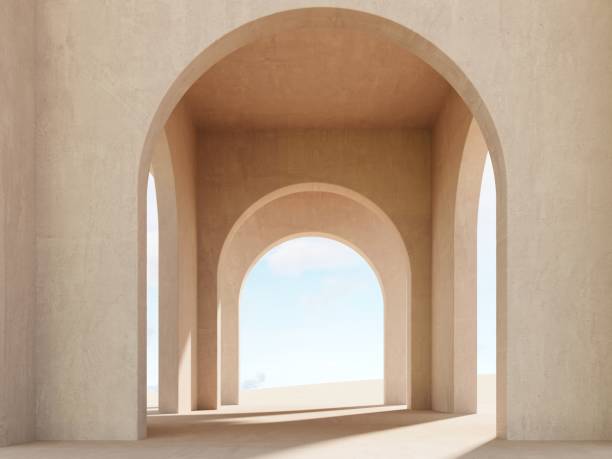 istock Modern minimalistic interior with a view of the sand dunes - 3d render. Simple background with a podium, showcase  for advertising and presentations. Aesthetic architecture of the building space. 2170928497