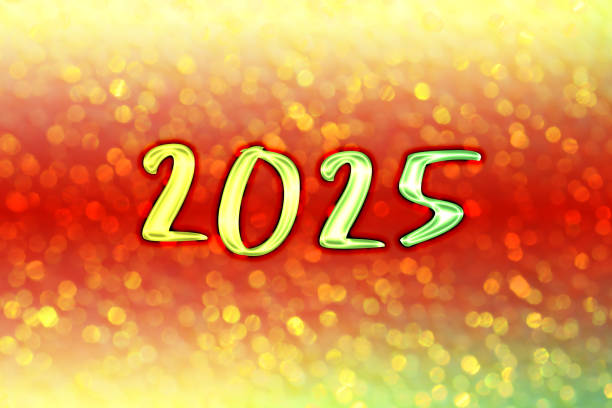 Happy New Year 2025 lettering on a festive sparkling background with beautiful bokeh.
