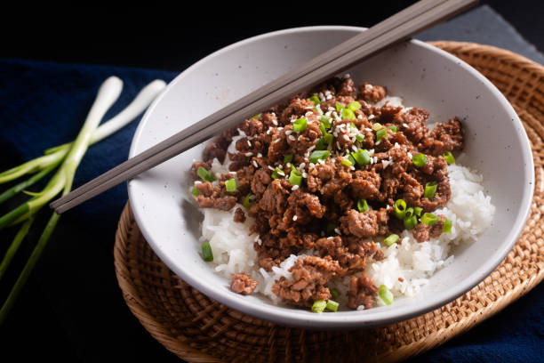 istock Food concept Korean  ground beef bowl on black background with copy space 2170929360
