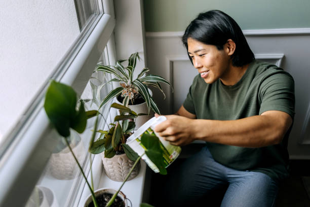 istock Young casually clothed man watering flowers at home 2170930817