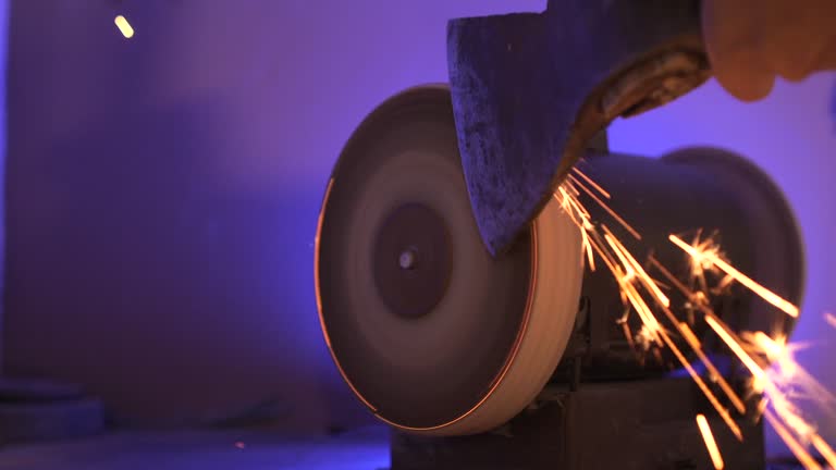 close up of sharpening an axe on a machine with a grinding stone. Sparks