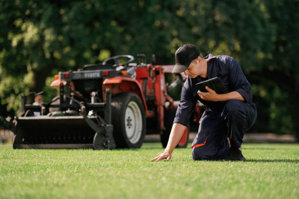 istock Touching the grass, quality control. Man is with utility tractor with grass cutter and aerator equipment on the field 2170941334