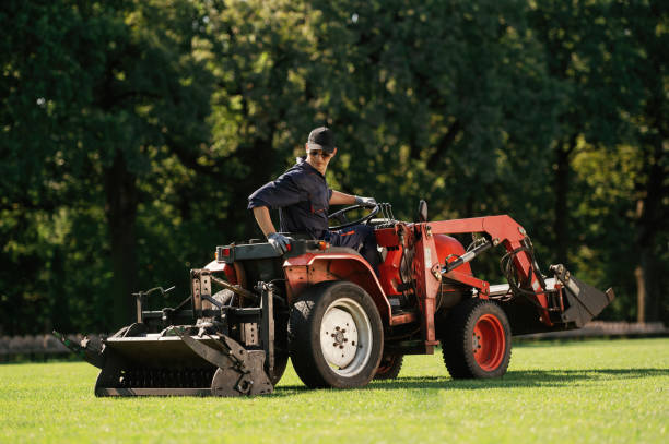istock Sitting and driving. Man is with utility tractor with grass cutter and aerator equipment on the field 2170941349