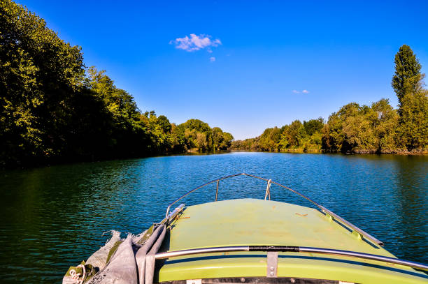 A boat is traveling down a river with a blue sky in the background. The water is calm and the trees lining the riverbank are lush and green. The boat is small and he is a motorboat