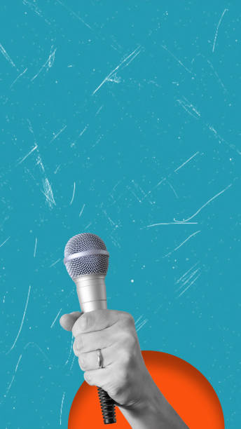 istock Modern art collage art featuring a hand holding a microphone on a blue background with copy space. 2170946426