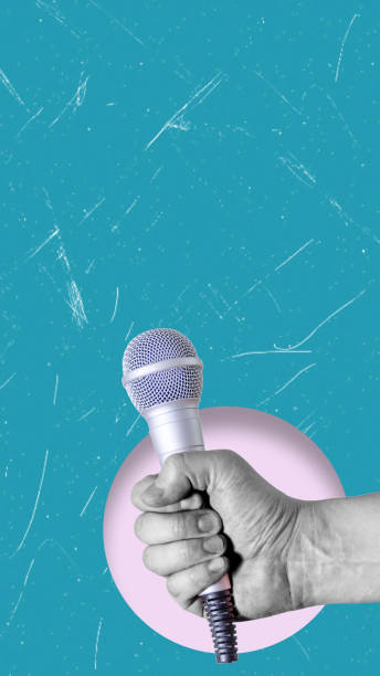 istock Modern art collage art featuring a hand holding a microphone on a blue background with copy space. 2170946437