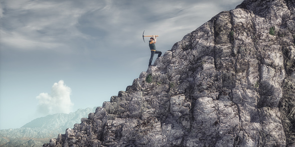 Digging Ladder A Man Digging A Ladder Into A Mountain With A Pickaxe Stock Photo ...