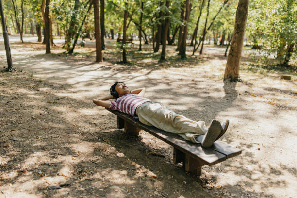 Person rests on bench in tranquil sunny park setting
