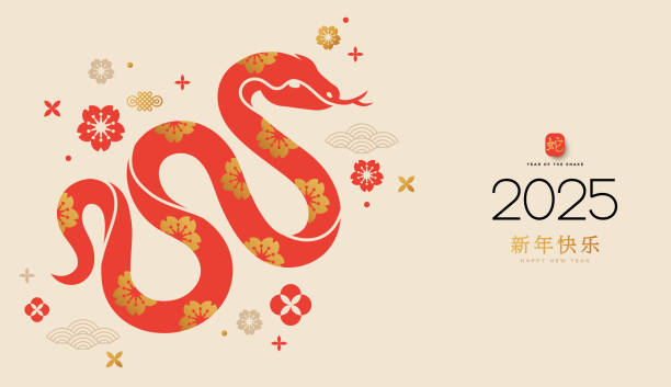 illustrazioni stock, clip art, cartoni animati e icone di tendenza di serpente cinese 2025 striscione di capodanno - snake