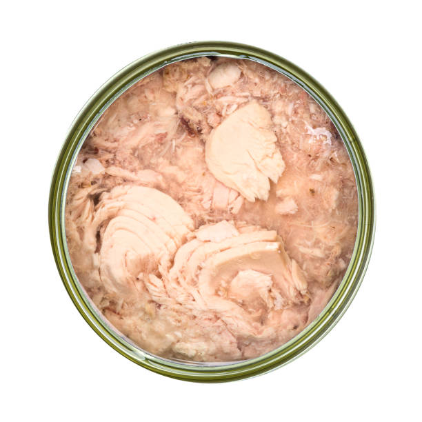 istock Tuna fish in opened tin can isolated on white background. Top view 2170951866