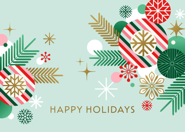 Geometric Christmas Holiday Card Modern geometric Christmas, holiday card, background with stylized mistletoe , fir branches and snowflakes. Greeting card, invitation template. christmas invitation stock illustrations