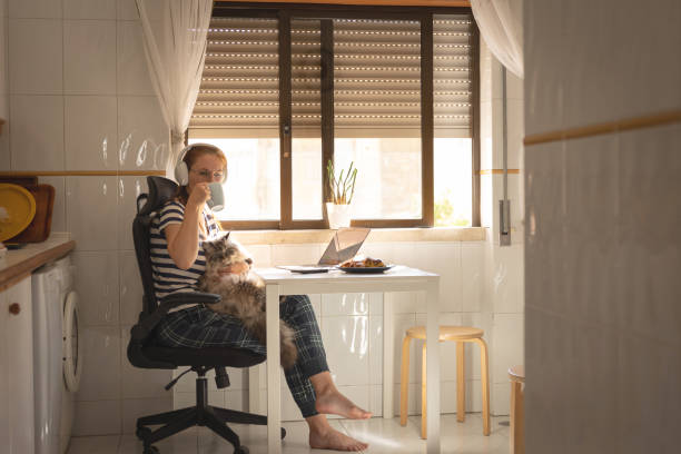 istock A woman drinking coffee sitting at the kitchen table with her cat on her laps 2170956111