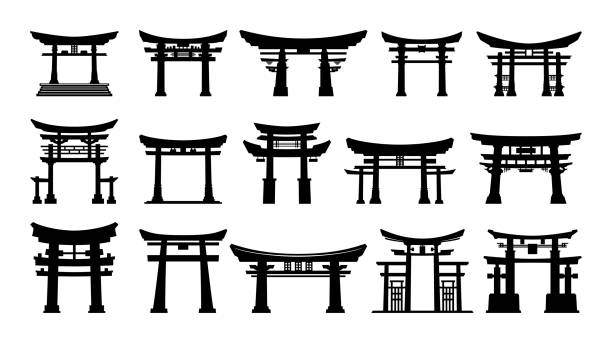 Japanese torii gate Asian religious black monochrome silhouette set vector flat illustration. Japan traditional culture construction ancient architecture building entrance exit with stairs pillar roof