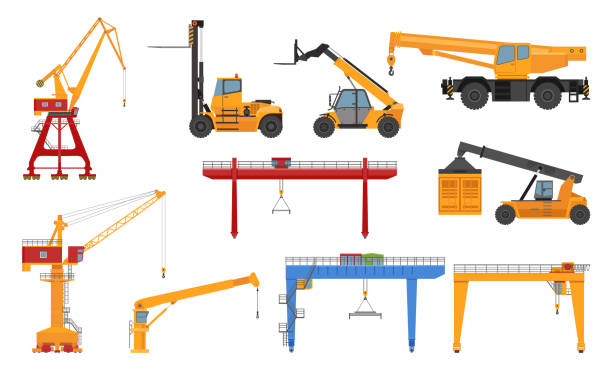 ilustraciones, imágenes clip art, dibujos animados e iconos de stock de equipo portuario de envío grúa de elevación pesada industrial conjunto de transporte ilustración plana vectorial - grúa