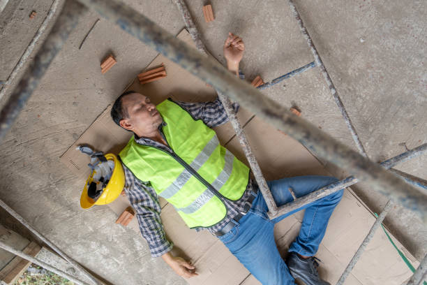 istock Work accident, Male construction worker falls from scaffolding 2170979397