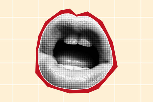 istock Halftone collage banner, paper cut talking open mouth. Magazine sticker with red border 2170986276