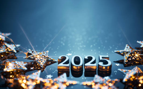 Shiny silver 2025 numbers surrounded by illuminated star-shaped lights on a reflective surface, creating a festive New Year vibe.