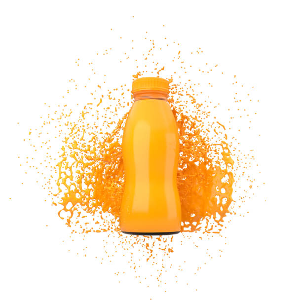 3D rendering of Liquid Orange juice or mango juice splash with bottle.