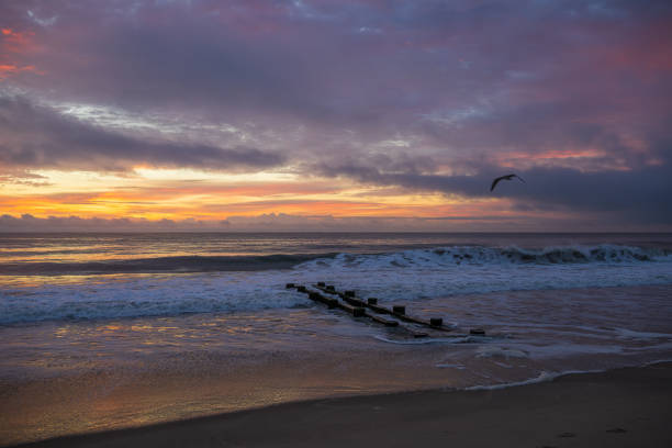 A dramatic view of the ocean shoreline during golden hour. The sky is filled with warm orange and peach clouds above the dark horizon. Waves crash gently onto the wet, dark sand, creating a line of white foam.