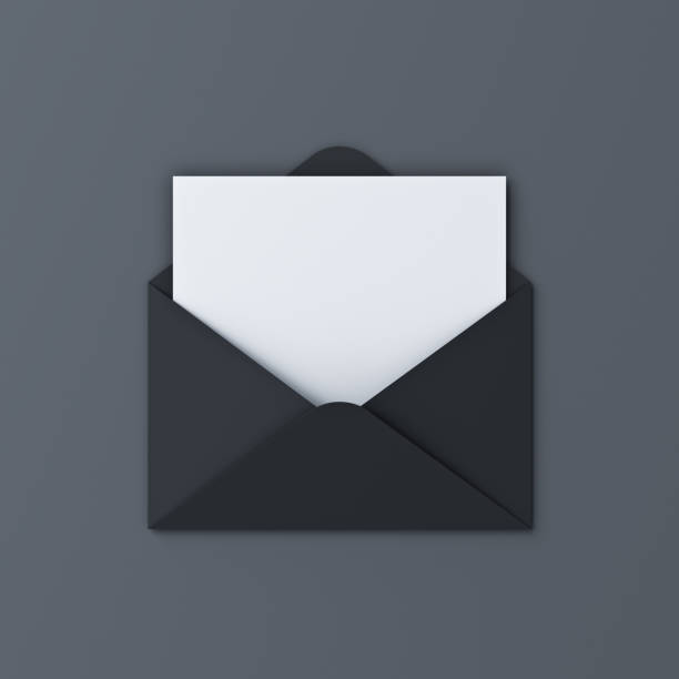 istock Blank white note paper sheet or card in unfolded black envelope isolated on black background with shadow minimal letter conceptual 3D rendering 2170999196