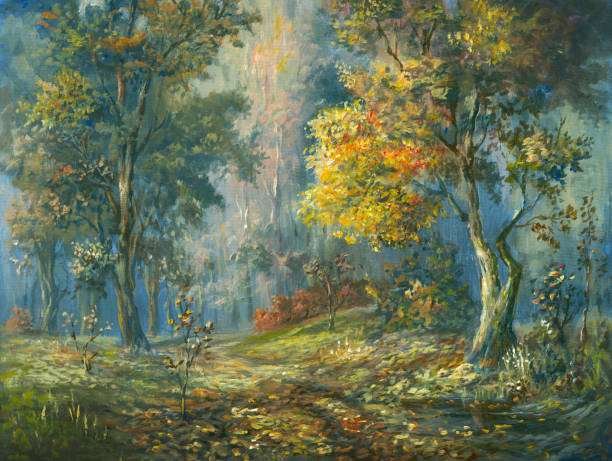 istock Wet autumn forest, oil painting 2170999988