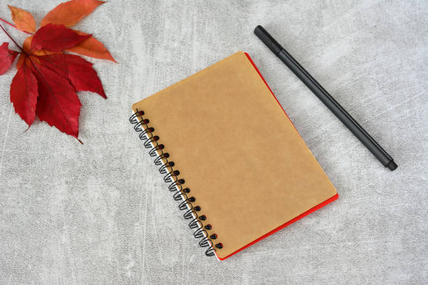istock a notebook with a pen on it and a red leaf top view 2171000583