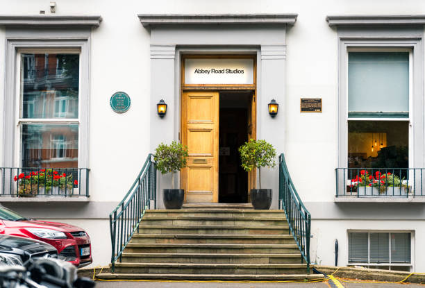 London, UK - Stone steps leading up to the entrance of Abbey Road Studios in north London. One of the world's most famous recording studios, it is associated with The Beatles, but also as the studio for  many recordings by other iconic artists.