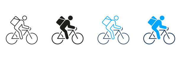 istock Courier On Bike Line and Silhouette Icon Set. Express Delivery Service Pictogram. Fast Shipping of Food or Goods Symbol. Editable Stroke. Isolated Vector Illustration 2171010974