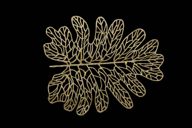 Gold leaf with glitter on black isolated background. Minimalistic style. Cut out. Design element. Holiday
