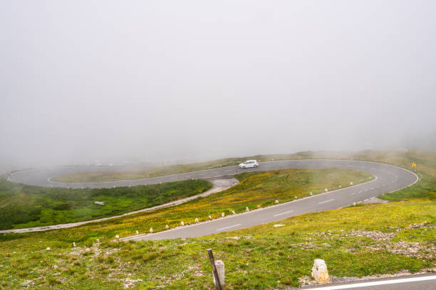 A popular winding high alpine road disappearing into the clouds. Grossglockner High Alpine Road in the Hohe Tauern National Park, Austria