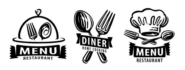 koncept restaurace. večeře, emblém stravovacích služeb. sada odznaků a symbolů pro menu - kafeterie podnik podávající na jídlo a pití stock ilustrace