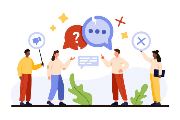 ilustraciones, imágenes clip art, dibujos animados e iconos de stock de barrera de comunicación, malentendidos en la colaboración, negociación de personas diminutas - choque