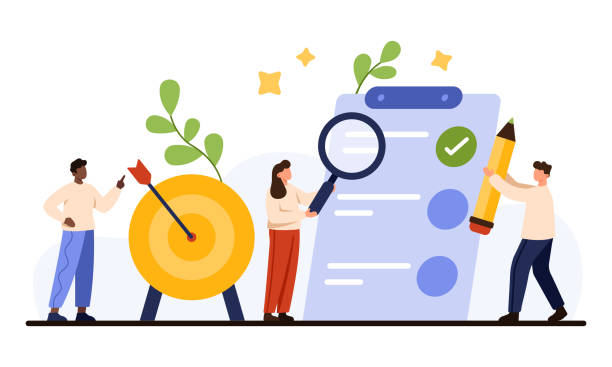 Business goal planning, tiny people check to do list with magnifying glass, target Business goal planning, instruction inspection and task evaluation progress, efficiency of organization. Tiny people check to do list with magnifying glass and target cartoon vector illustration examining stock illustrations