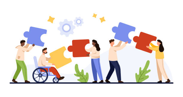 obchodní týmová práce, tým se začleněním zaměstnanců se zdravotním postižením držících dílky skládačky - společenská inkluze stock ilustrace