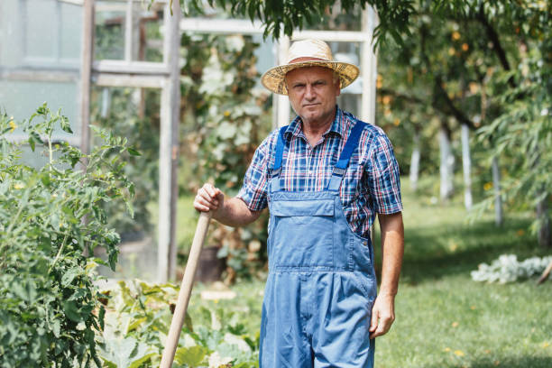 istock Elderly farmer in garden with rustic hat and overalls 2171026416