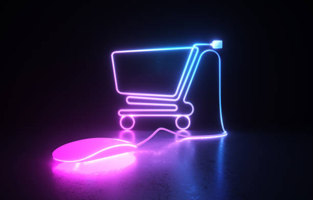 Neon Shopping Cart Symbol  And Computer Mouse On Black Background