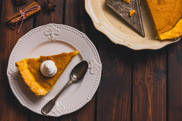Slice of Thanksgiving holiday pumpkin pie with whipped topping served on a plate