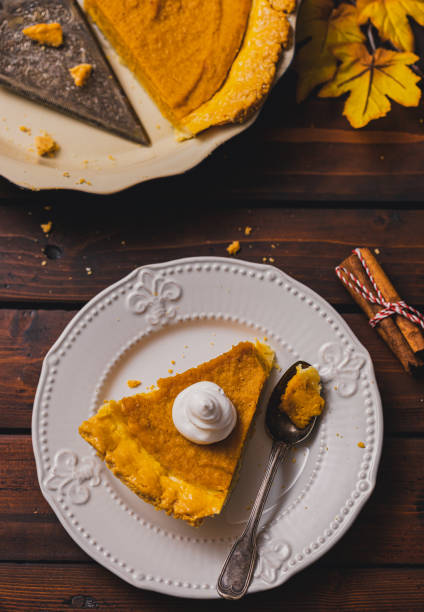 Slice of Thanksgiving holiday pumpkin pie with whipped topping served on a plate