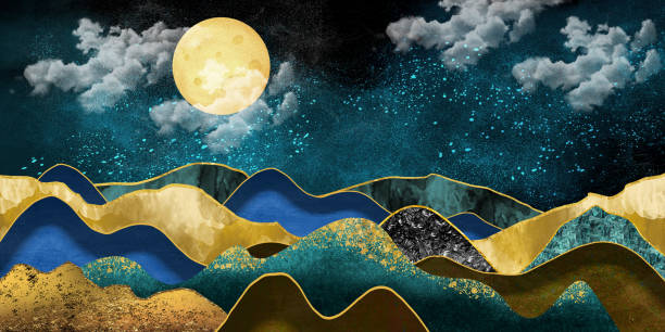 istock 3d drawing digital art. Night landscape environment harvest moon over a glittering lake lush vegetation birchwood trees, flowers, magical galaxy and colorful mountains 2171037164