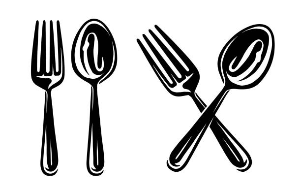 Fork and spoon symbol or icon. Food service, tableware for eating emblem Fork and spoon symbol or icon. Food service, tableware for eating emblem vector illustration clip art of a forks stock illustrations
