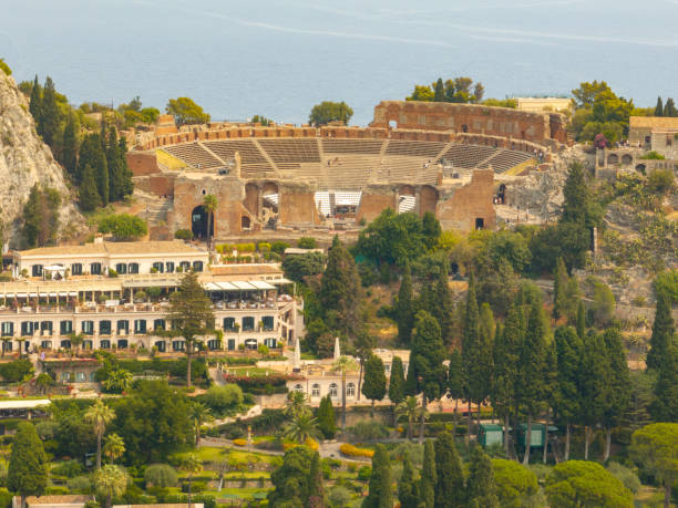 Aerial view of Greek Theatre of Taormina, Taormina, Italy.
