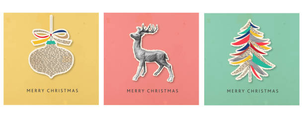 Vector illustration of a set of Collage style colorful Christmas Greetings Ornament, Deer and Tree made of abstract shapes on newspaper and watercolor textures on textured background.  Easy to customize. Download includes vector eps and high resolution jpg.