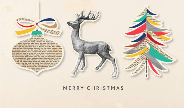 Vector illustration of a Collage style Christmas Greeting Ornament, Deer and Tree made of abstract shapes on newspaper and watercolor textures on textured background.  Easy to customize. Download includes vector eps and high resolution jpg.