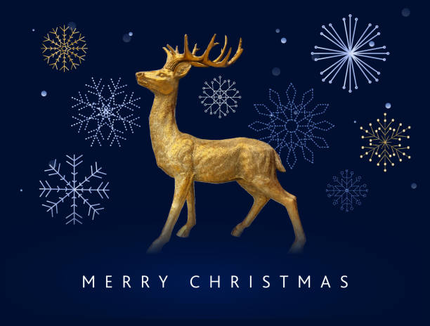 istock Merry Christmas Greeting card design template in dark blue with elegant golden deer and ornamental abstract snowflakes 2171044677