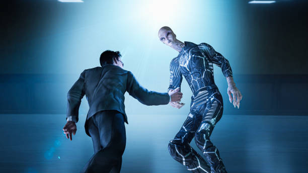A man from the government shakes hands greeting an alien 3d render