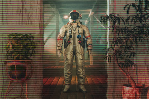 Cosmonaut standing in old rural house. 3D generated image.