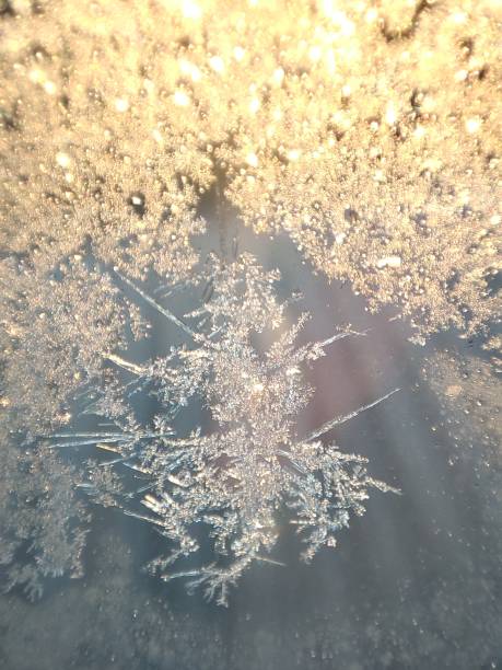 istock Ice crystals on a window, highlighted by a dawn sunrise. 2171062795