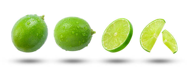 Set of lime has water drop with  lime slices isolated.